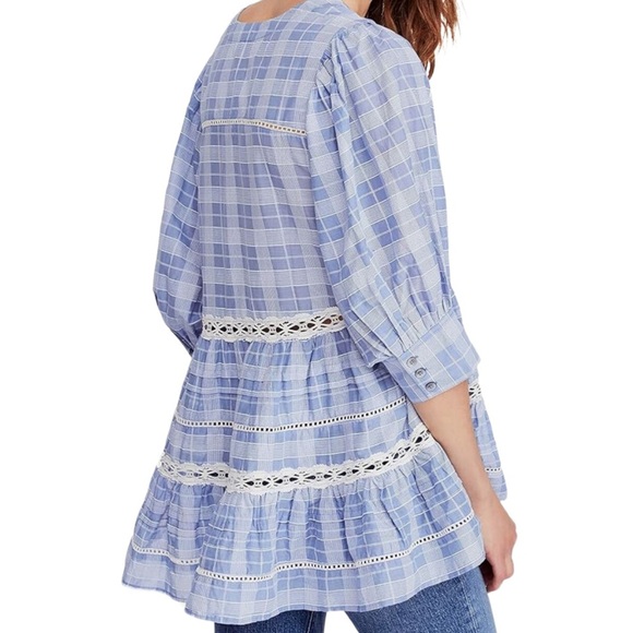 Free People Women's Time Out Lace Plaid Gingham 3/4 Sleeve Ruffle Tunic Blouse - Picture 2 of 16
